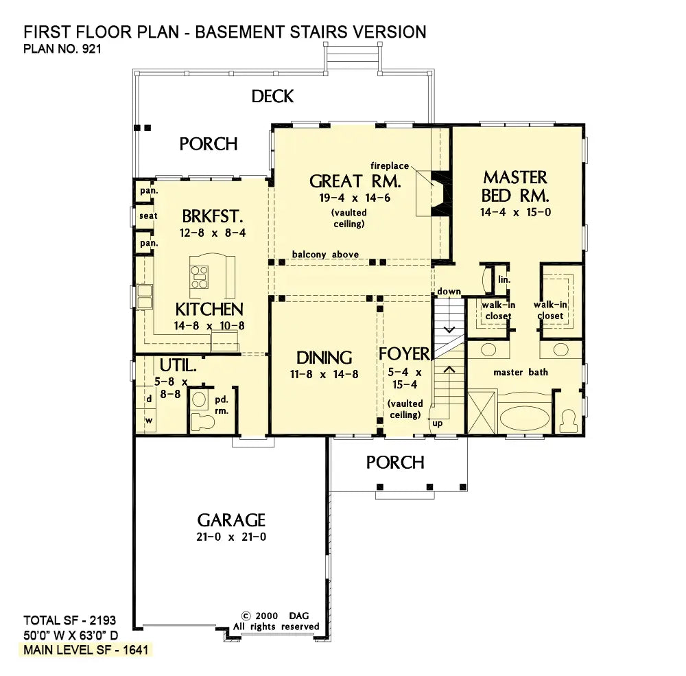 This is the first floor plan image for three bedroom house plan 921 The Ivy Creek if the home is built over a basement