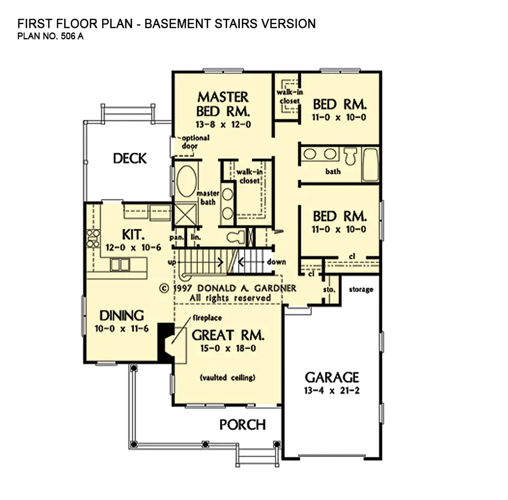 This is the first floor plan image for simple house plan 506 The Jaffrey if the home is built over a basement