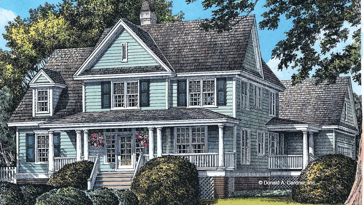 Front view illustration of a classic farmhouse. The Jamestowne plan 828. 