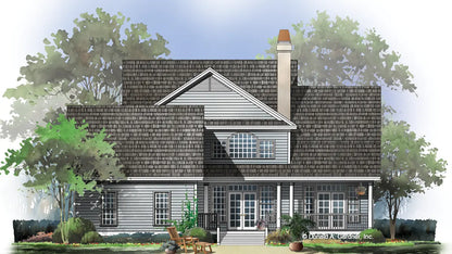 Rear view illustration of a classic farmhouse. The Jamestowne plan 828. 