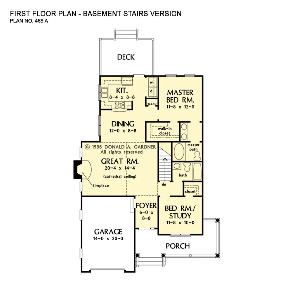 This is the first floor plan image for narrow lot house plan 469 The Jamison if the home is built over a basement