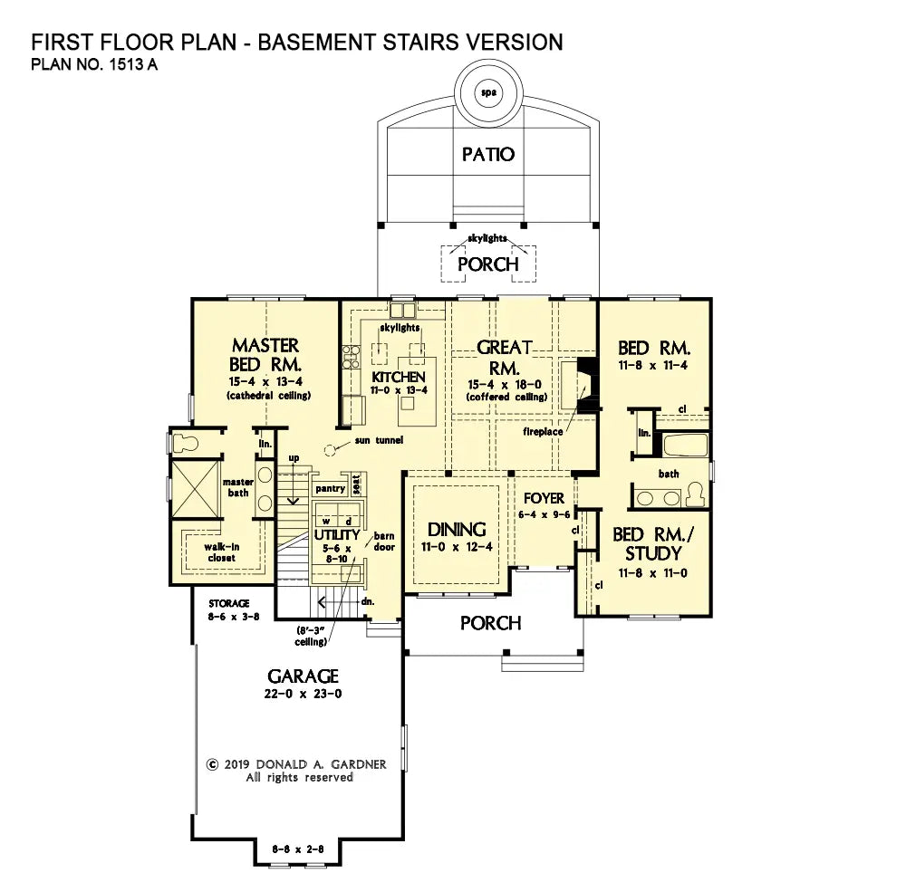 This is the first floor plan image for simple house plan 1513 The Janet if the home is built over a basement