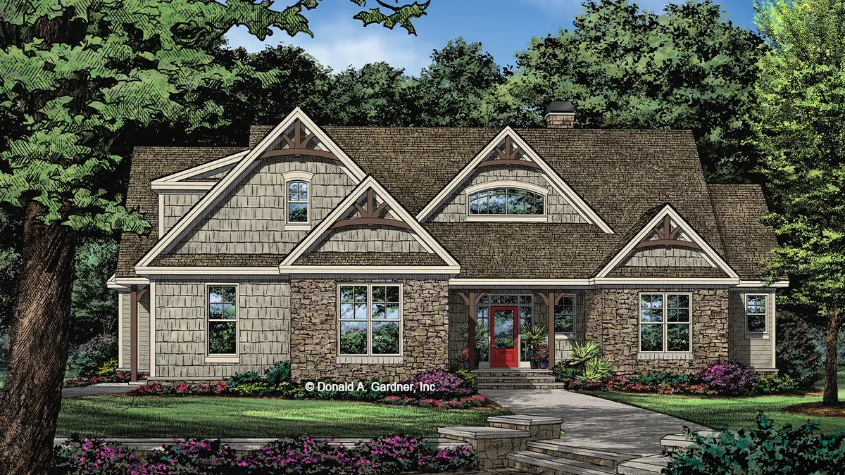 This is an illustration of the front of rustic house plan 1412 The Janson.