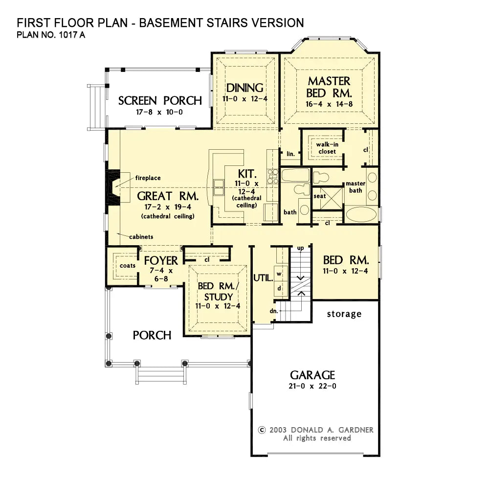 This is the first floor plan image for one story house plan 1017 The Jarrell if the home is built over a basement