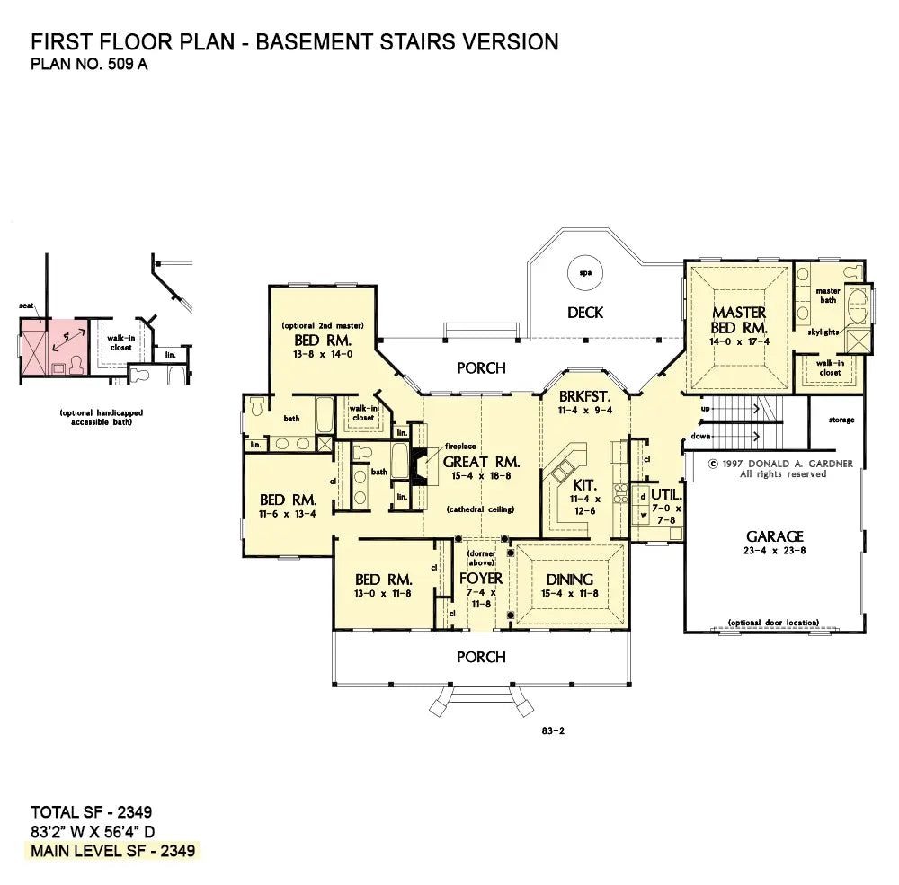 This is the first floor plan image for farmhouse house plan 509 The Jasmine if the home is built over a basement