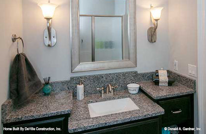 Staggered sink counter in the bathroom. The Jasper Hill plan 5020. 