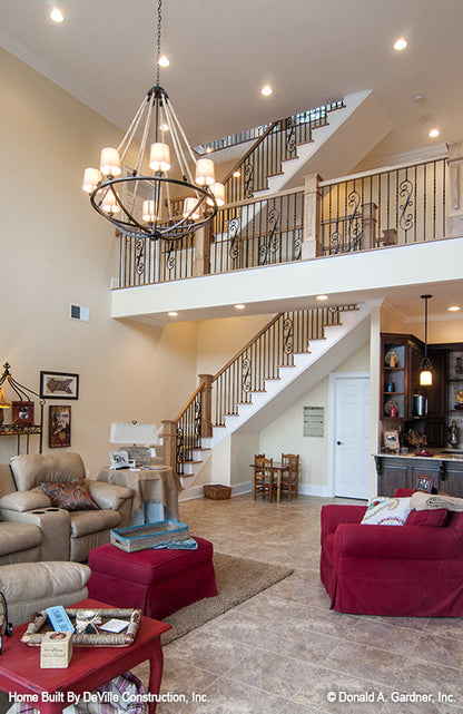 Great room view to the banister above. The Jasper Hill plan 5020.