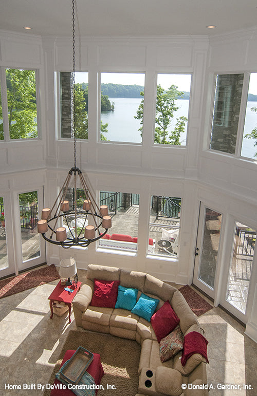 Banister view down into the great room. The Jasper Hill plan 5020.