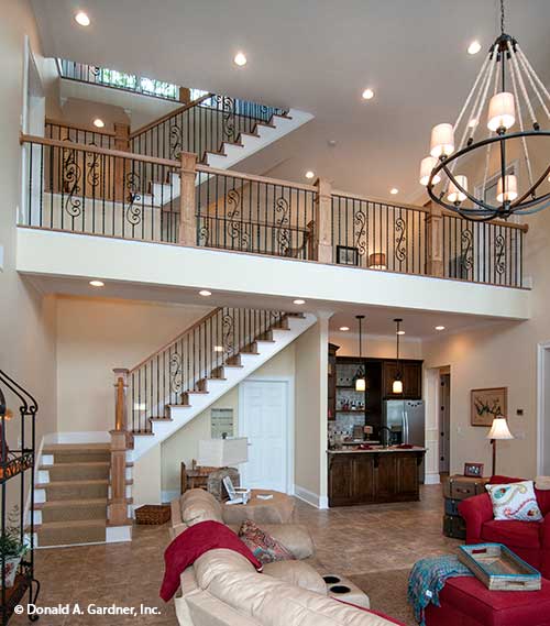 Great room view to the staircase. The Jasper Hill plan 5020.