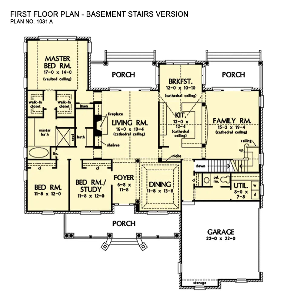 This is the first floor plan image for traditional house plan 1031 The Jeffcoat if the home is built over a basement