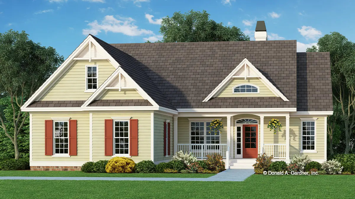 This is an illustration of the front of small house plan 752 The Jellicoe