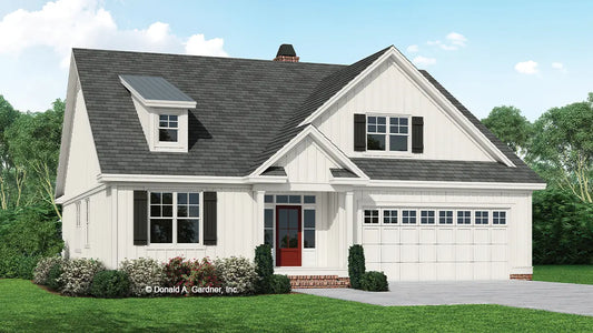 This is an illustration of the front of modern farmhouse house plan 1496 The Jenkins