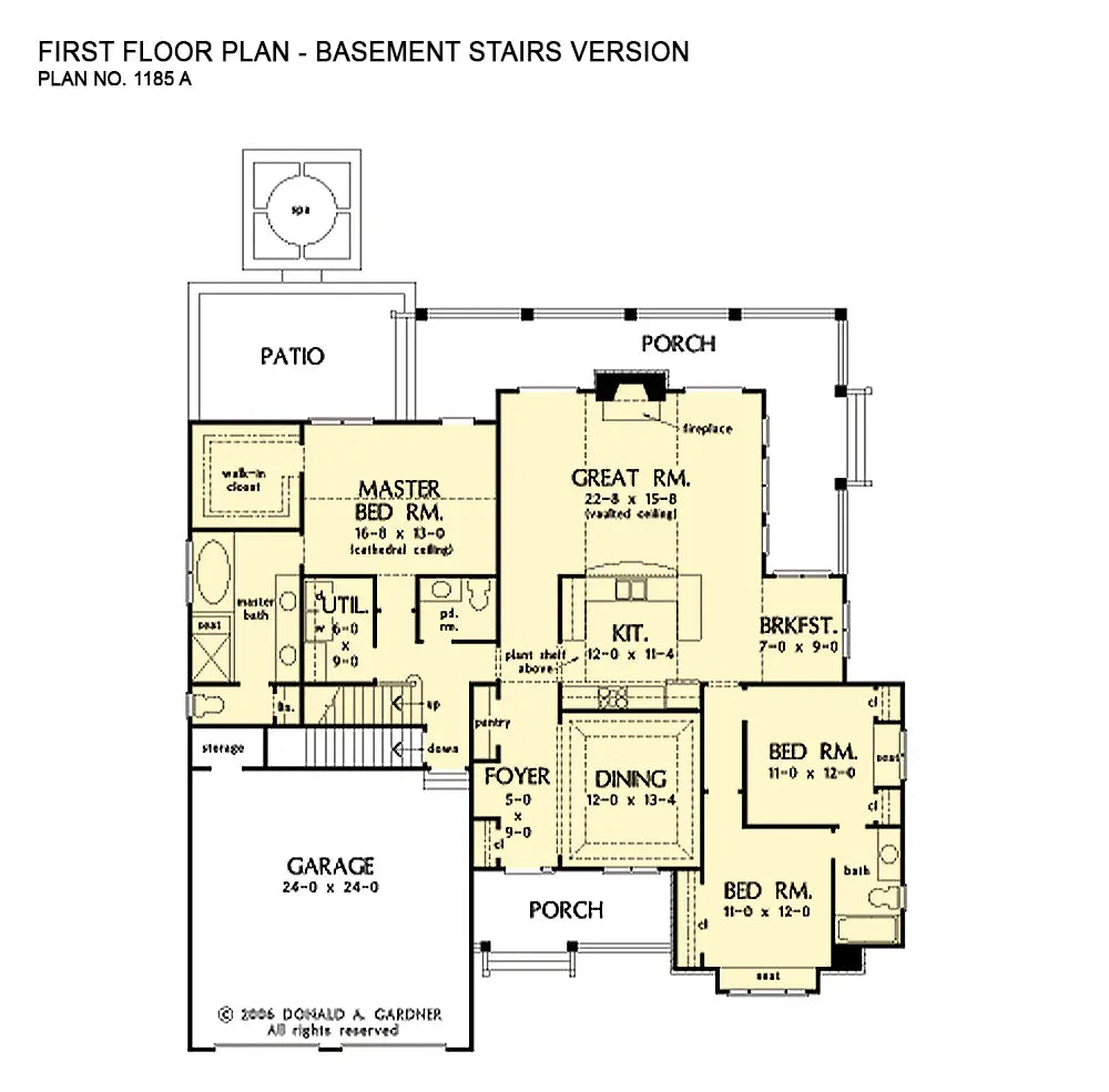 This is the first floor plan image for three bedroom house plan 1185 The Jenner if the home is built over a basement