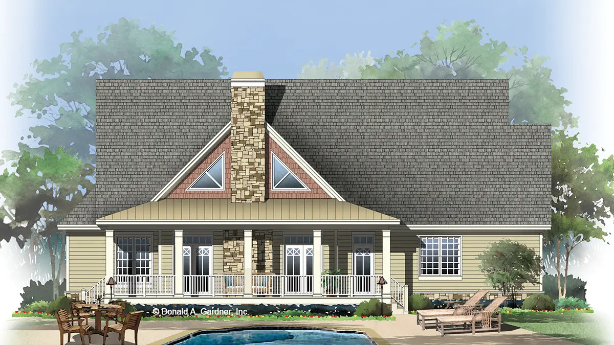 This is an illustration of the rear of three bedroom house plan 1185 The Jenner