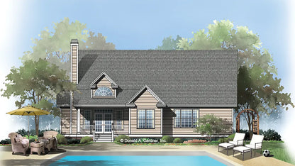 This is an illustration of the rear of one story house plan 1079 The Jewell