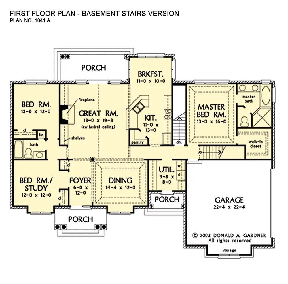 This is the first floor plan image for brick house plan 1041 The Jockeyville if the home is built over a basement