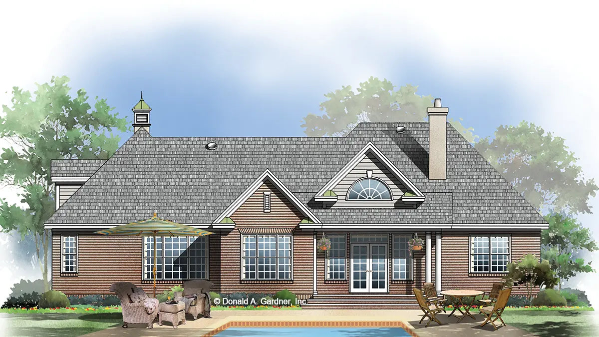 This is an illustration of the rear of brick house plan 1041 The Jockeyville