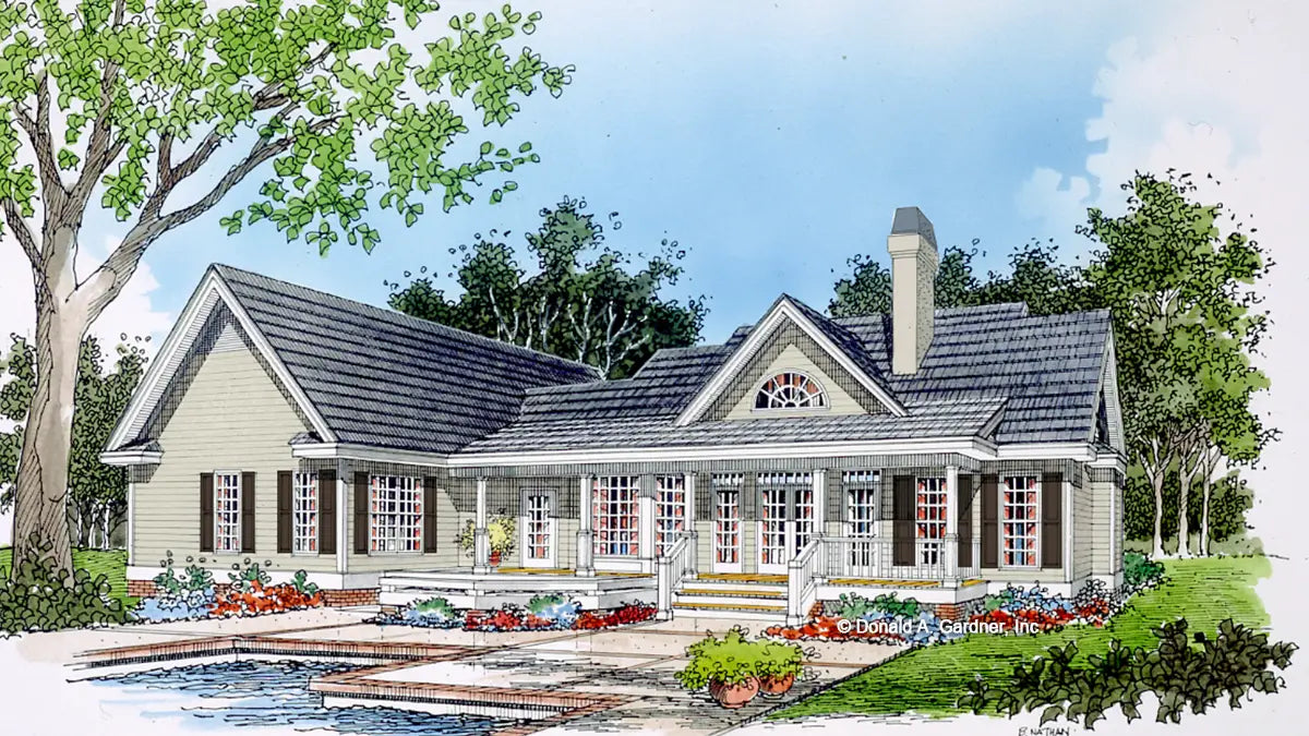 This is an illustration of the rear of one story house plan 429 The Johnston