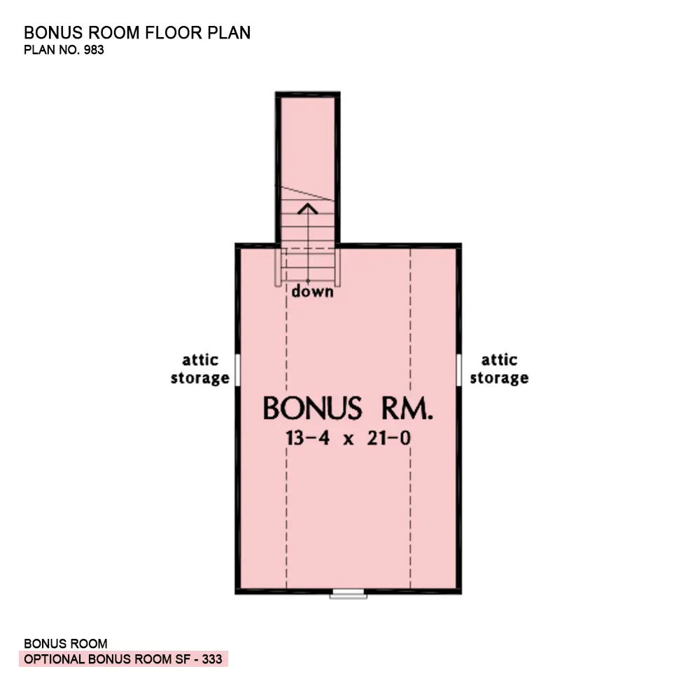 This is the bonus room floor plan image for cottage house plan 983 The Jonesboro