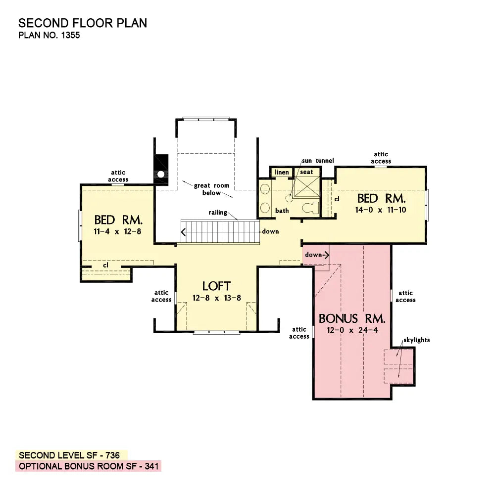 This is the second floor plan image for two story house plan 1355 The Josephine