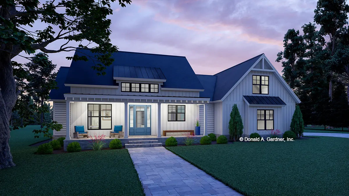 Front view illustration at dusk. The Jude plan 1541.