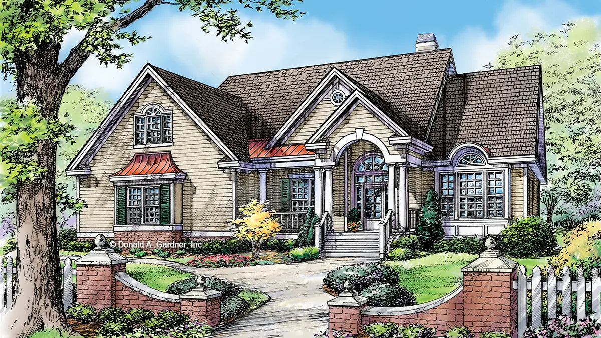 This is an illustration of the front of traditional house plan 1118 The Julian