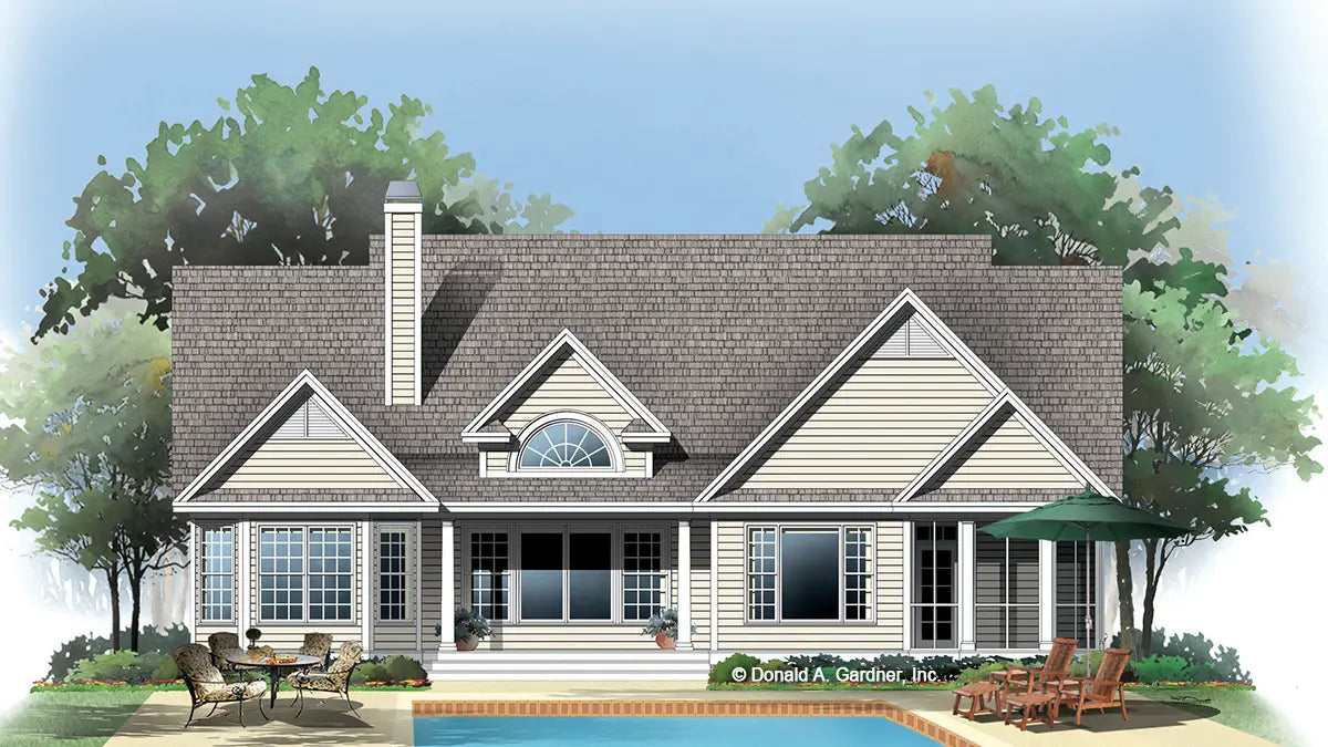 This is an illustration of the rear of four bedroom house plan 1118 The Julian