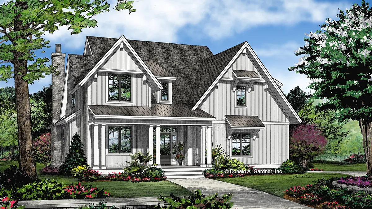 This is an illustration of the front of Modern Farmhouse house plan 1464 The Justine