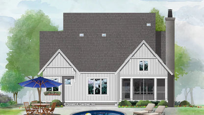 This is an illustration of the rear of two story house plan 1464 The Justine