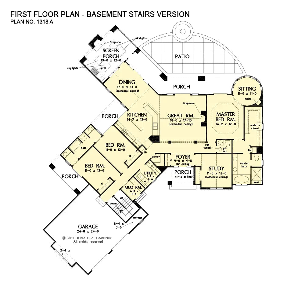 This is the first floor plan image for rustic house plan 1318 The Keaton if the home is built over a basement