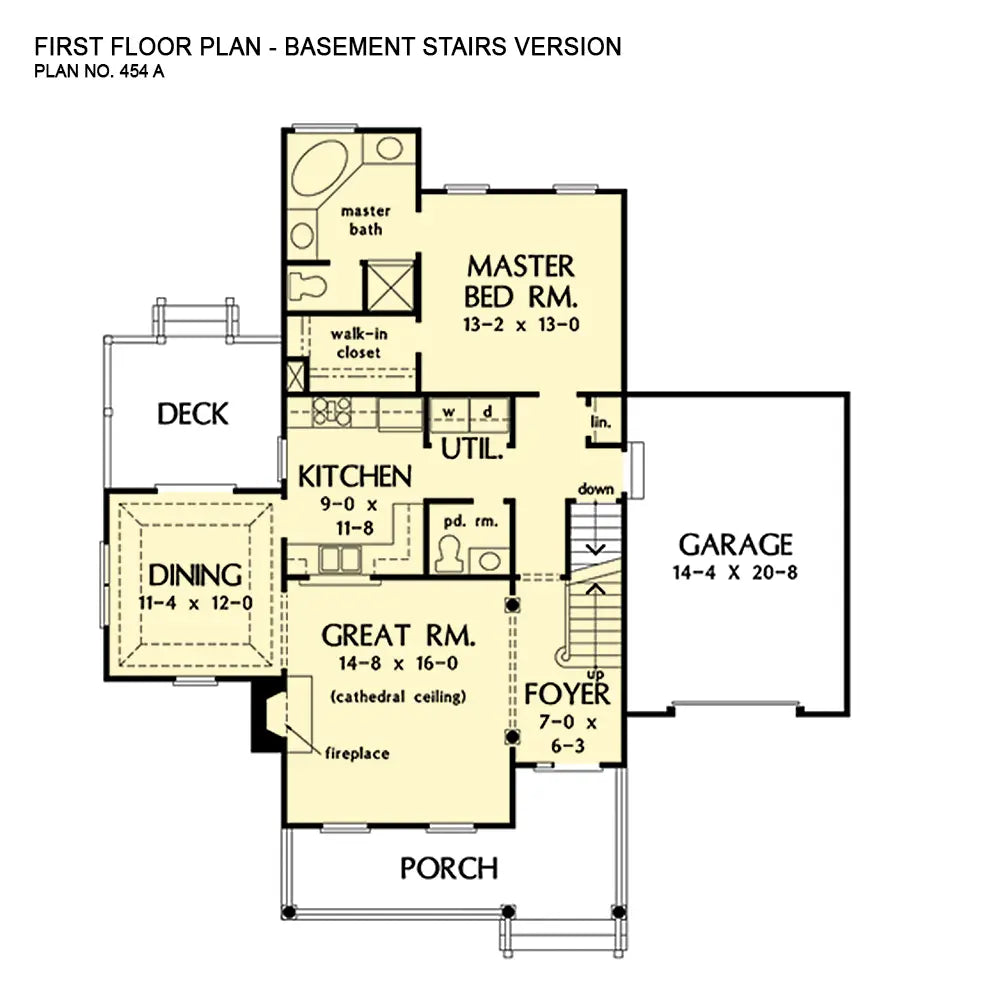 This is the first floor plan image for simple house plan 454 The Keenan if the home is built over a basement