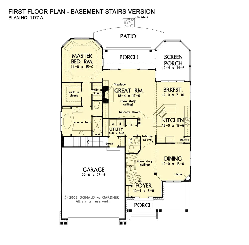 This is the first floor plan image for four bedroom house plan 1177 The Kellson if the home is built over a basement