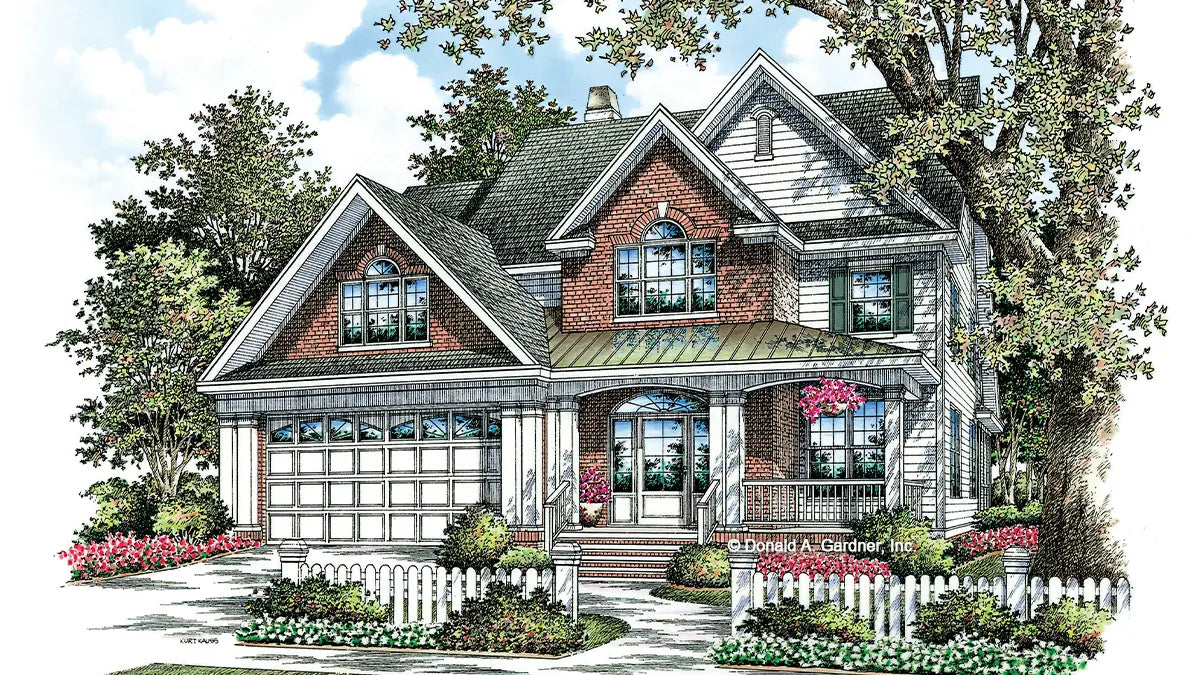 This is an illustration of the front of two story house plan 1177 The Kellson