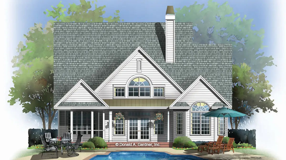 This is an illustration of the rear of four bedroom house plan 1177 The Kellson