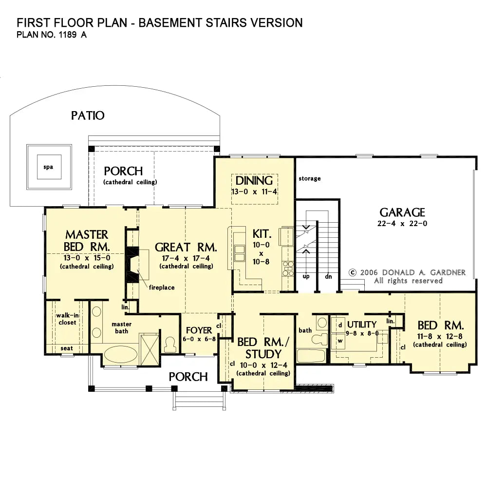 This is the first floor plan image for cottage house plan 1189 The Kellswater if the home is built over a basement