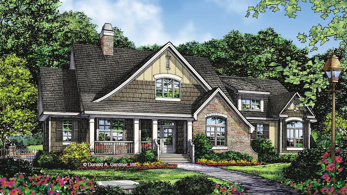 This is an illustration of the front of small house plan 1189 The Kellswater