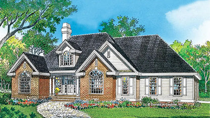 This is an illustration of the front of one story house plan 740 The Kemperton