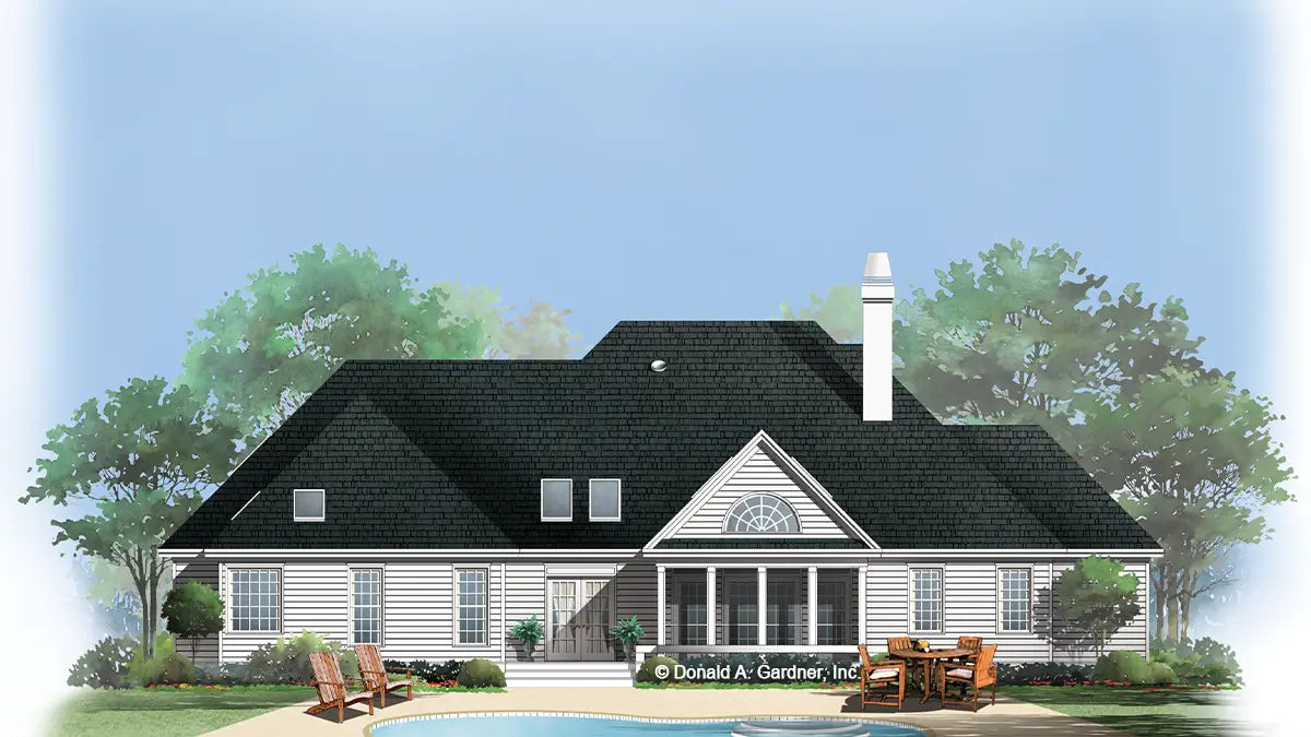 This is an illustration of the rear of brick house plan 740 The Kemperton