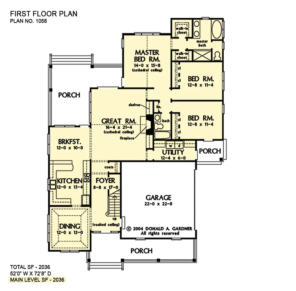 main living level has a large front porch, 2 car garage, great room with fireplace open to the kitchen and breakfast nook