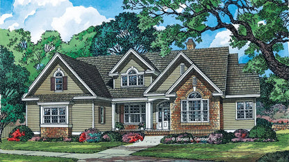 Front view illustration with a side garage. The Kennessy plan 1040.