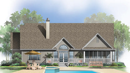 Rear view illustration with a deck and screened in porch. The Kennessy plan 1040.