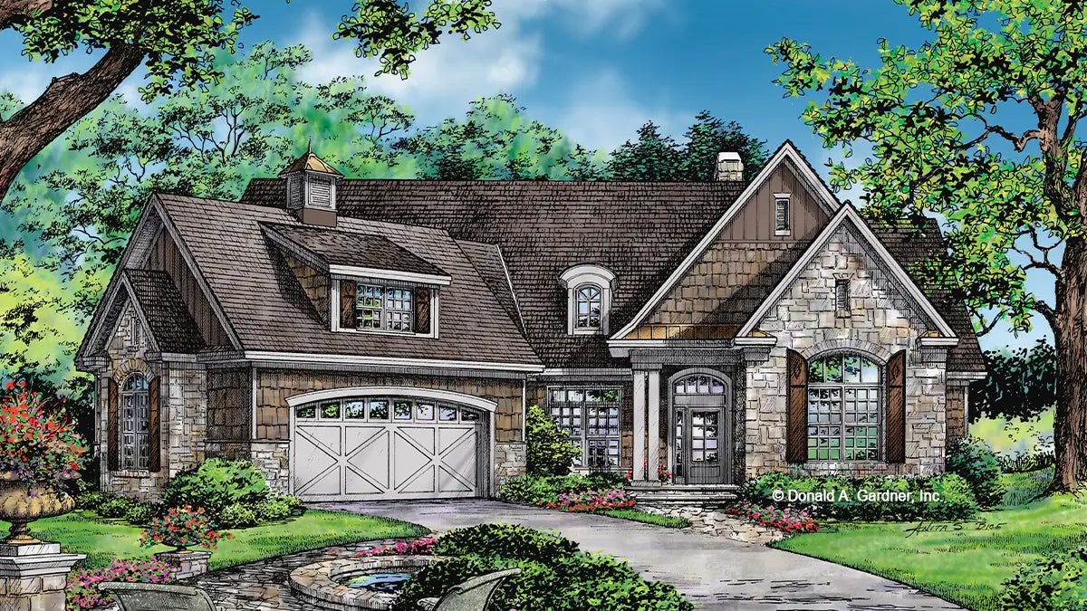 Front view illustration with an angled garage. The Keowee plan #1159.