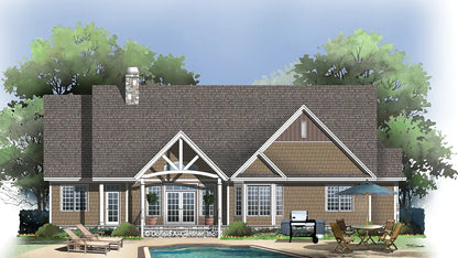 Rear view illustration with a covered porch. The Keowee plan #1159.