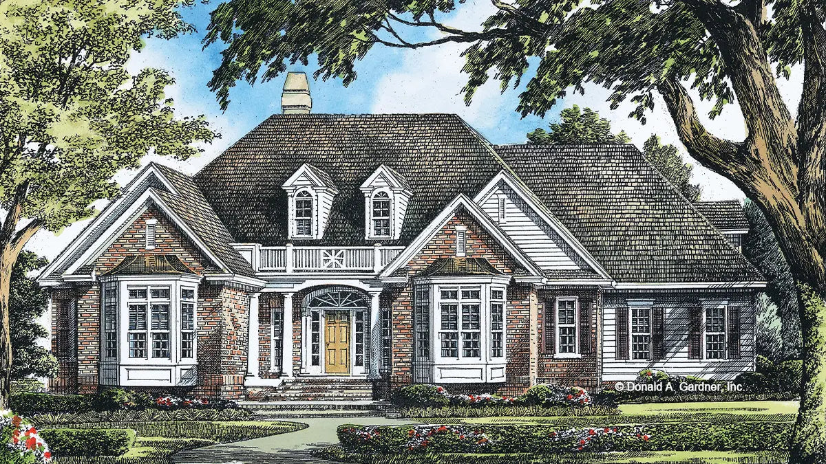 This is an illustration of the front of four bedroom house plan 913 The Kerwin 