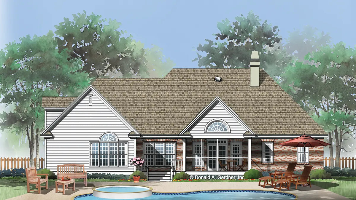 This is an illustration of the rear of one story house plan 913 The Kerwin