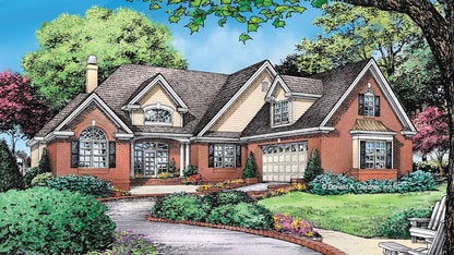 Brick and siding, Palladian windows and multiple gable pitches beautifully blend in this house plan's attractive exterior.