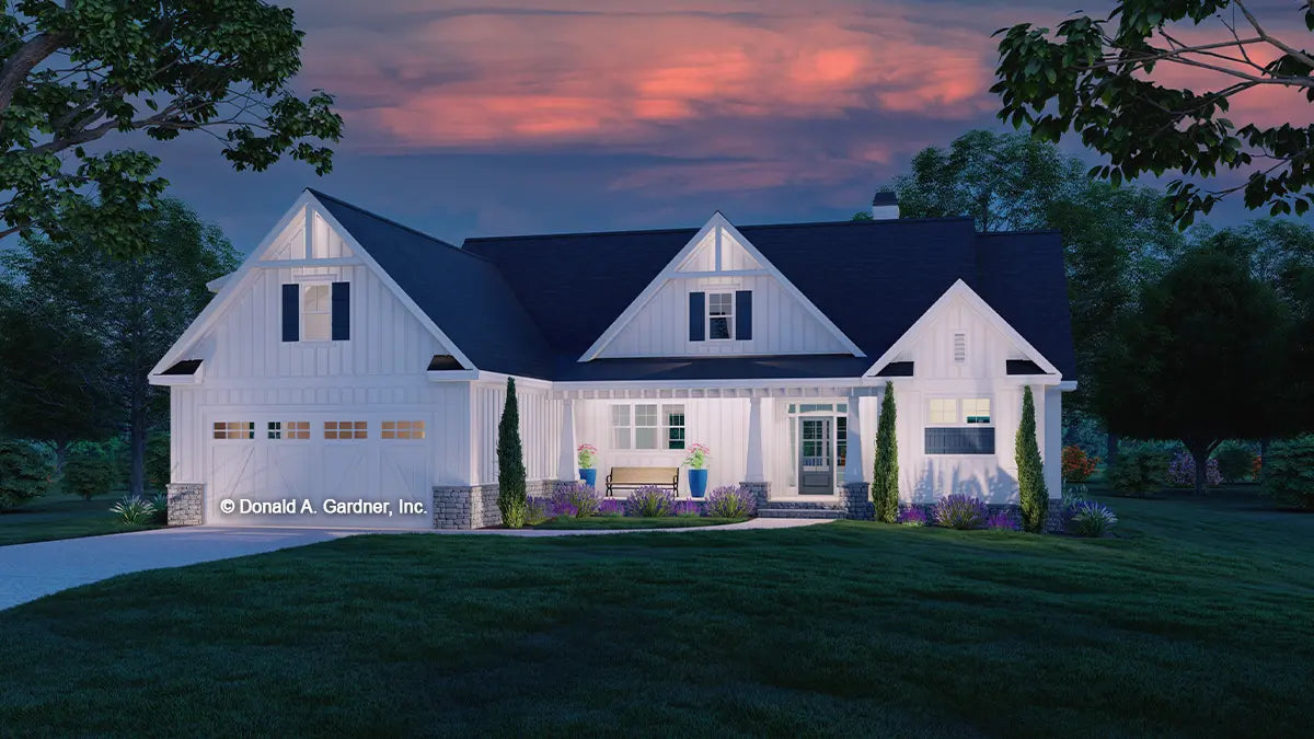 This is an illustration of the front of three bedroom house plan 1602 The Kevin at dusk