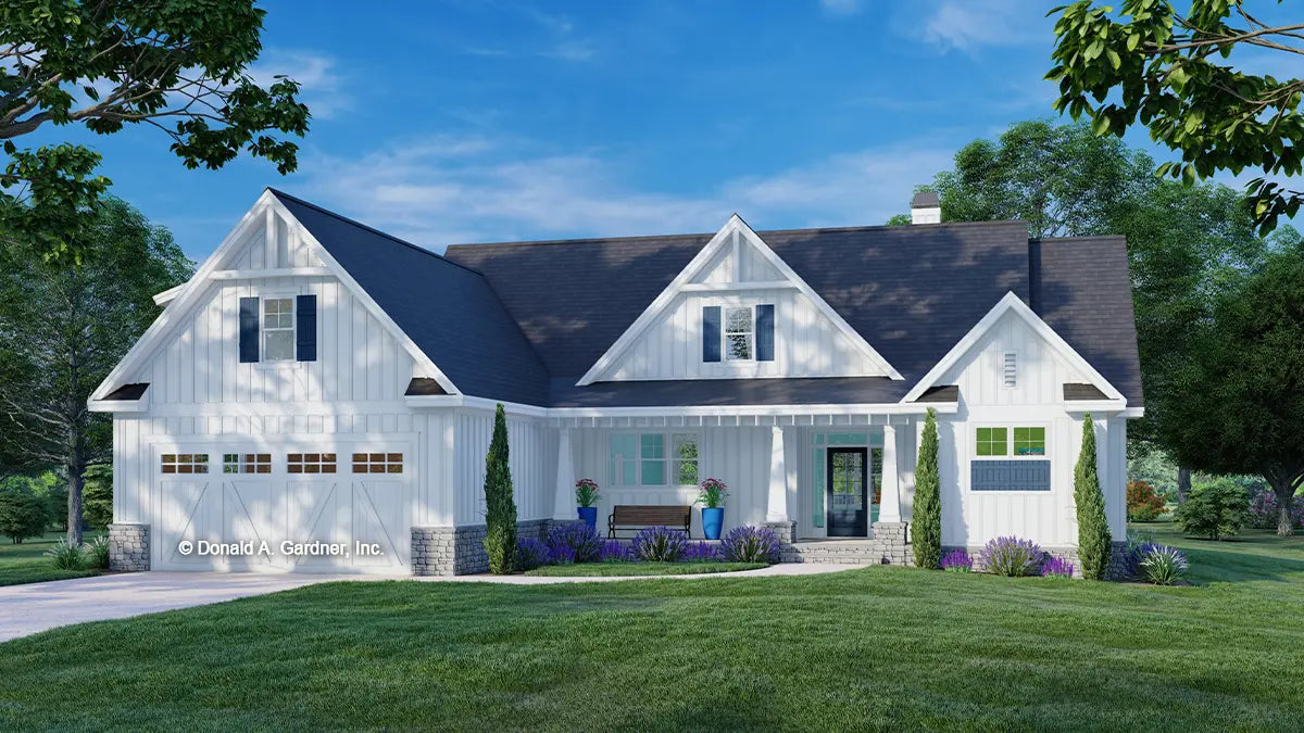 This is an illustration of the front of Modern Farmhouse house plan 1602 The Kevin