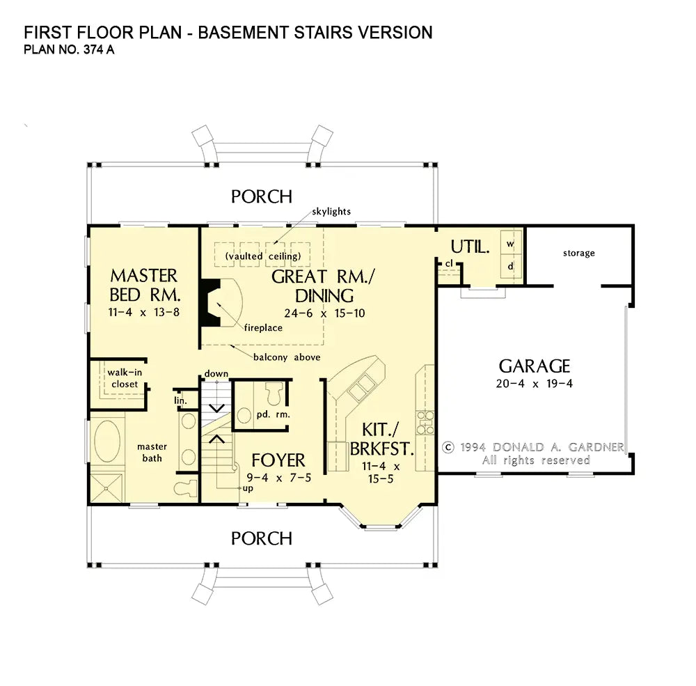 This is the first floor plan image for farmhouse house plan 374 The Kimbrel if the home is built over a basement