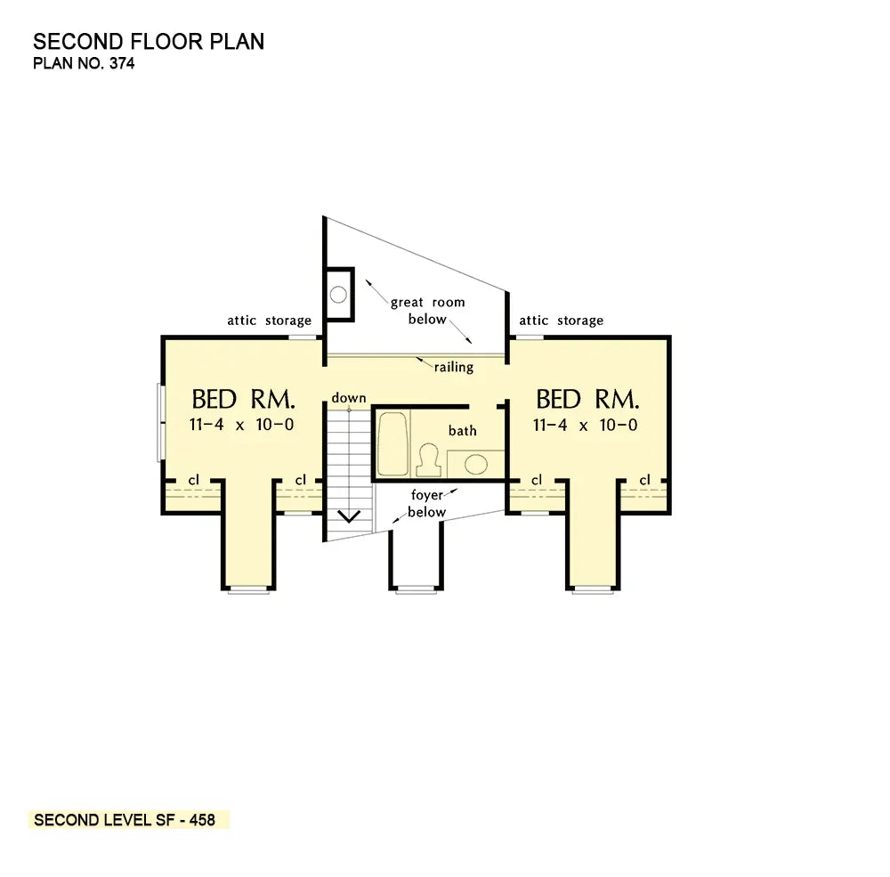 This is the second floor plan image for three bedroom house plan 374 The Kimbrel